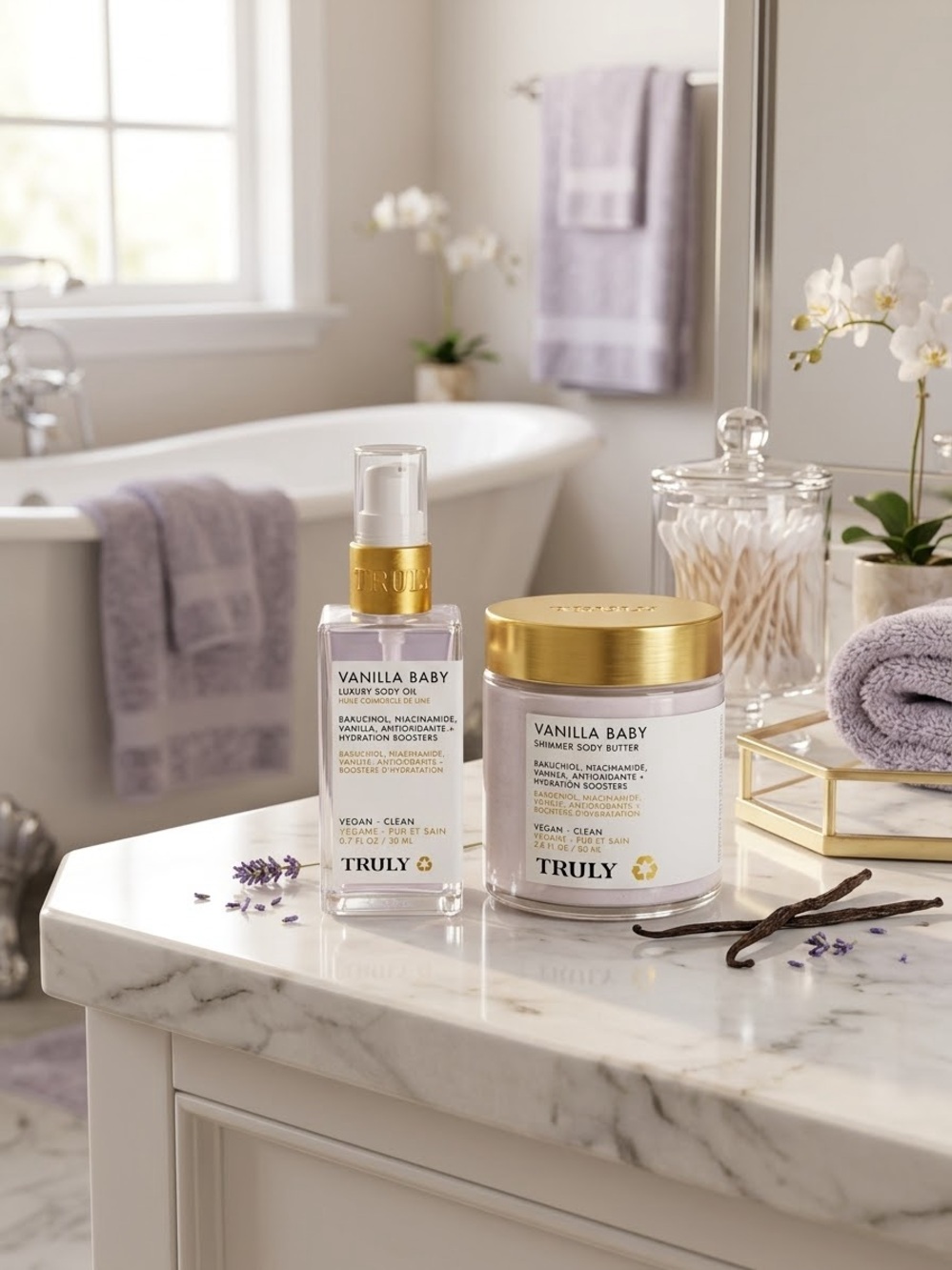 TRULY Vanilla Baby Shimmer Body Butter & Luxury Body Oil - Gold & White Accents